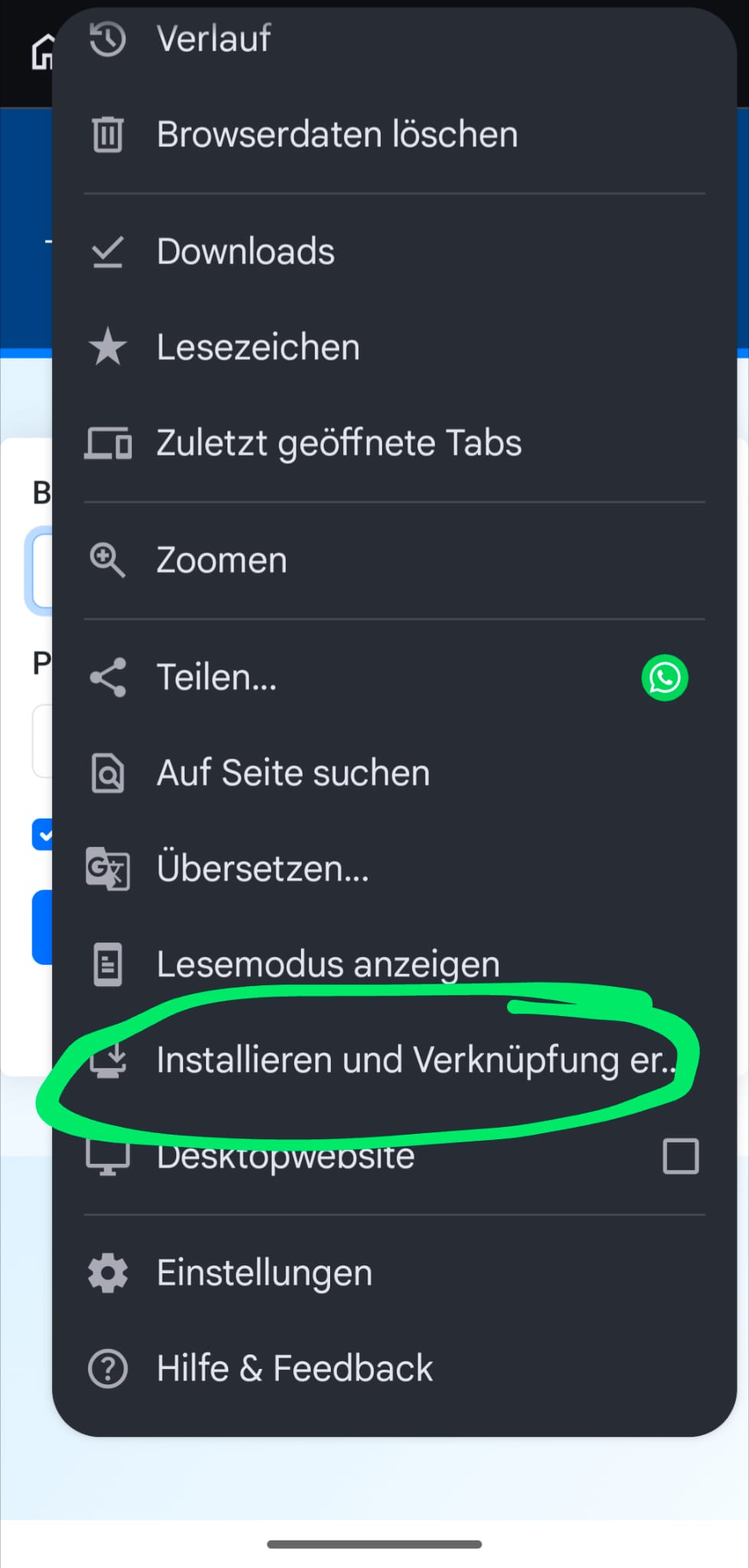 Installieren und Verknüpfung erstellen auswählen